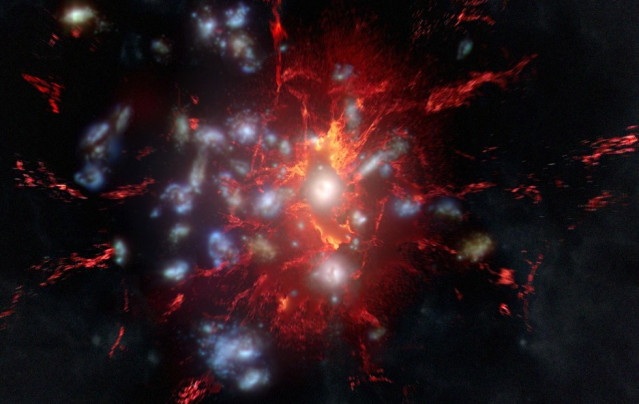 Ilustración del gas molecular extendido (rojo) que rodea las galaxias en el núcleo del protocúmulo SPT2349-56.