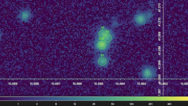 Datos de rayos X recopilados por el telescopio Chandra desde el centro de M31, que resaltan las cuatro fuentes nucleares: S1, SSS, N1 y P2. P2 corresponde a la posición del agujero negro supermasivo en el centro de la galaxia de Andrómeda.