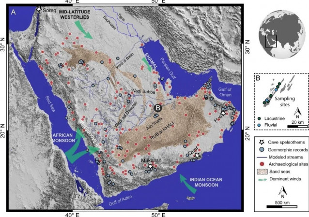 Localización de antiguas zonas húmedas en el desierto de Arabia