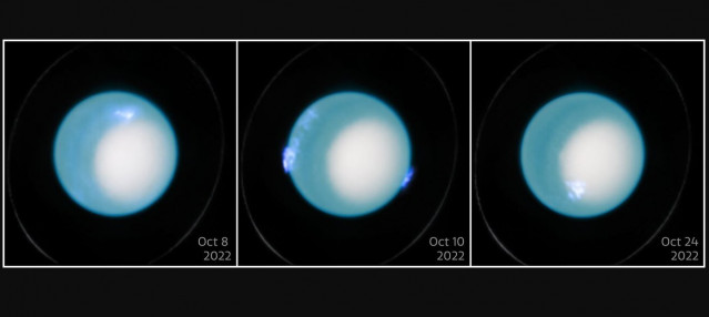 Esta imagen muestra tres imágenes del telescopio espacial Hubble de la NASA/ESA de la aurora dinámica en Urano en octubre de 2022.