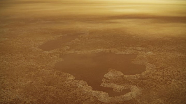 Esta concepción artística de un lago en el polo norte de la luna Titán de Saturno ilustra bordes elevados y características similares a murallas tal como las vio la nave espacial Cassini de la NASA.