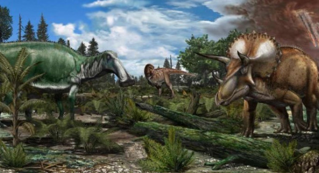 Reconstrucción de un paleoambiente del Maastrichtiano tardío (hace unos 66 millones de años) en América del Norte, donde una llanura aluvial está habitada por dinosaurios como el Tyrannosaurus rex, el Edmontosaurus annectens y el Triceratops prorsus.