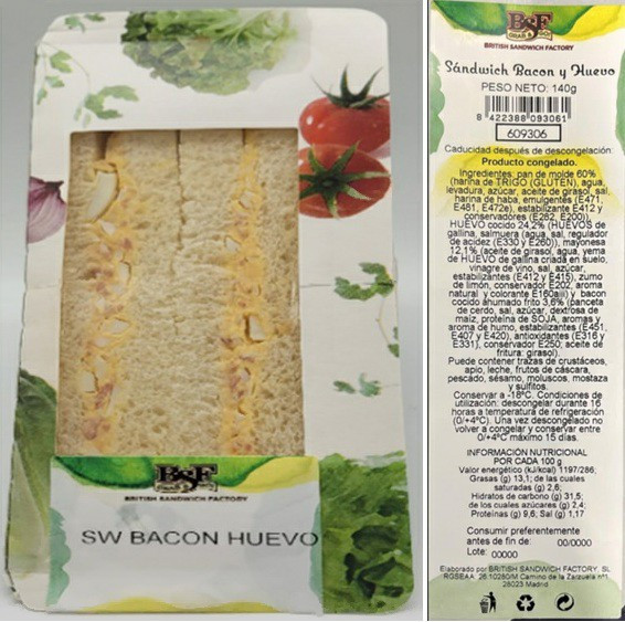 La AESAN advierte sobre la presencia de apio y mostaza no incluidos en el etiquetado en sándwich de bacon y huevo de BSF