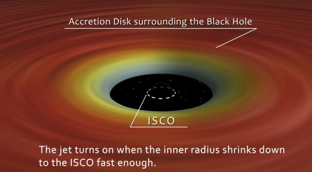El borde interior del disco de gas se contrae rápidamente hacia la órbita circular estable más interna (ISCO) cerca del agujero negro estelar, lo que provoca la erupción de un chorro de plasma.