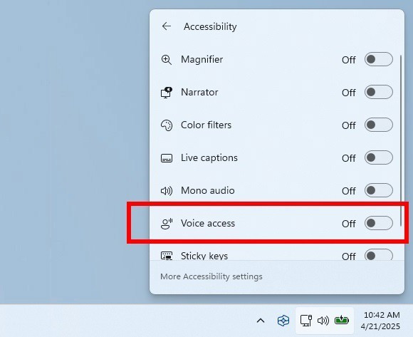 ÛAcceso por voz' en la barra de tareas