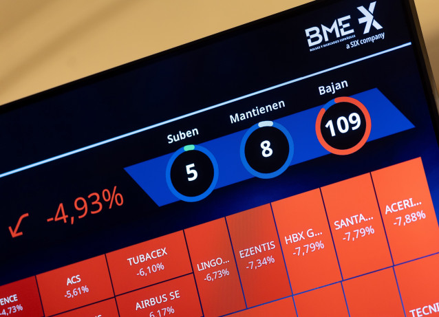 Un panel del IBEX 35 en el Palacio de la Bolsa de Madrid (España) poco después del anuncio de los aranceles 'recíprocos' del presidente de Estados Unidos, Donald Trump.