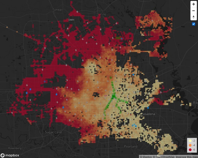 Houston, Texas, es la ciudad con el hundimiento más rápido del país, con áreas que se hunden más de 20 milímetros al año. Los colores más cálidos indican un hundimiento mayor.