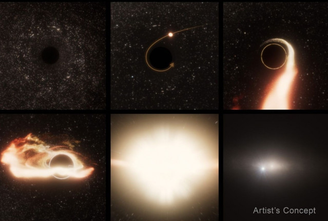 Esta ilustración de seis paneles de un evento de disrupción de marea alrededor de un agujero negro supermasivo muestra la colisión con una estrella seguida de una explosión detectada en rayos X y en observaciones de luz visible del Telescopio Hubble