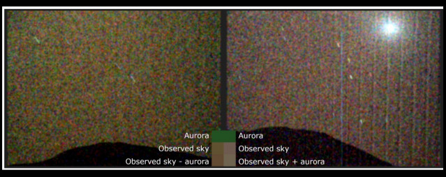 La primera imagen en luz visible de una aurora verde en Marte (izquierda), tomada por el rover Perseverance de la NASA. Una imagen comparativa (derecha) muestra el cielo nocturno sin la aurora, pero con la luna marciana Deimos.