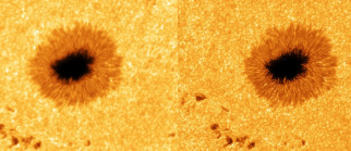 Izquierda: Extracto de una imagen del Sol, tomada con el Telescopio de Torre de Vacío de Tenerife. Derecha: Imagen de alta resolución restaurada a partir de 100 exposiciones individuales capturadas 