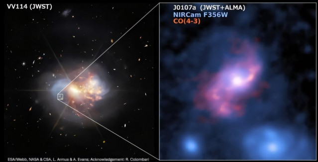 Izquierda: Imagen en el infrarrojo cercano de una galaxia cercana VV114 y la monstruosa galaxia espiral barrada de fondo J0107a en z=2,433 capturada por el telescopio espacial James Webb. Derecha: Distribución estelar y molecular de gases de J0107a