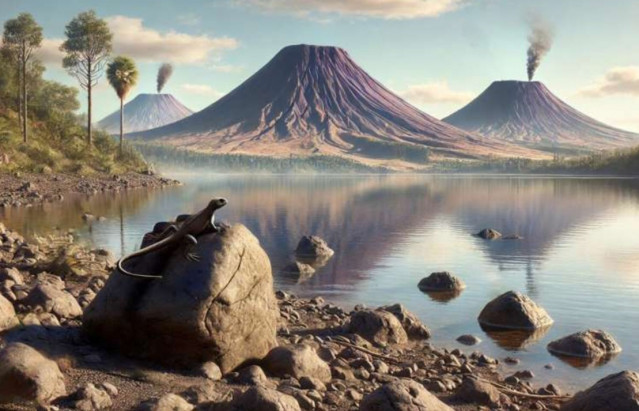 Una reconstrucción ambiental del área de East Kirkton hace unos 346 millones de años muestra a la Westlothiana lizziae descansando sobre una roca.