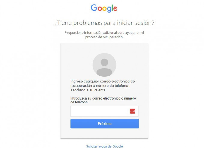 Formulario de recuperación de cuenta de Google.