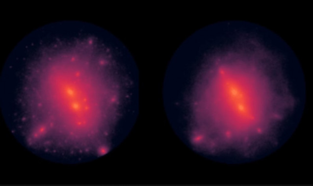 Un conjunto simulado de galaxias con diferentes comportamientos de materia oscura programados.