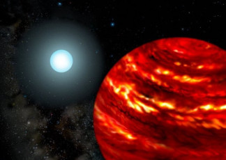 Interpretación artística de un posible sistema exoplanetario con un planeta gaseoso gigante orbitando cerca de su estrella progenitora la cual es más masiva que nuestro Sol.