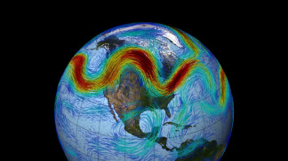 Archivo - En esta visualización, basada en observaciones del conjunto de datos MERRA de la NASA, la corriente en chorro polar del hemisferio norte se ve como un cinturón serpenteante y rápido de vi