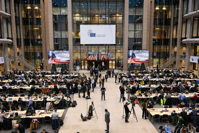 Archivo - Sala de prensa durante la reunión de líderes de la Unión Europea