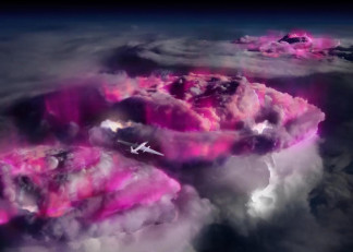 En esta impresión artística, un avión espía de la NASA que vuela a gran altitud lleva instrumentación para registrar destellos de rayos gamma terrestres de color púrpura en las nubes de tormenta