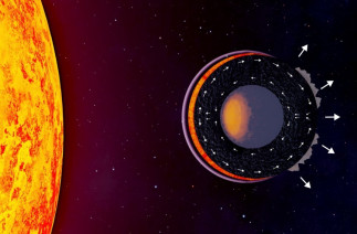 Ilustración artística de la estructura interna de un planeta de lava en estado frío, que muestra un océano de magma diurno cubierto por una atmósfera mineral.