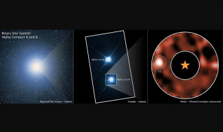 Esta imagen muestra el sistema estelar Alfa Centauri desde varios observatorios terrestres y espaciales diferentes: el Digitized Sky Survey (DSS), el telescopio espacial Hubble de la NASA y el telesco