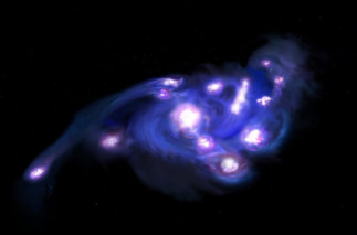 Impresión artística de la galaxia de las “Uvas Cósmicas”, compuesta por al menos 15 grupos masivos de formación estelar, más de lo que los modelos teóricos actuales predicen que podrían exi