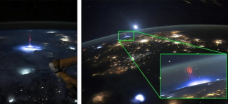 Izquierda: Evento de chorro gigantesco desde la Estación Espacial Internacional, captado por la astronauta de la NASA Nichole Ayers. Derecha: Evento de sprites que aparece sobre un rayo, visto desde 