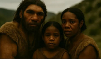 Reconstrucción mediante IA de una familia mixta de neandertales y Homo sapiens.