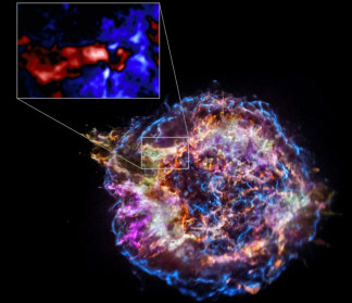 Este gráfico presenta datos del Observatorio de rayos X Chandra de la NASA sobre el remanente de supernova Cassiopeia A (Cas A), que revela que el interior de la estrella se reorganizó violentamente