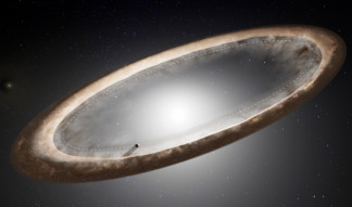 La estrella brillante en el centro, Fomalhaut, está rodeada por un antiguo disco de escombros de brillo desigual.
