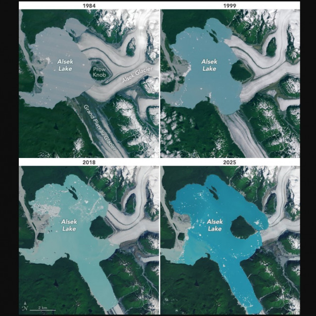 Aparicion de una isla en el lago donde desemboca el glaciar Alsek
