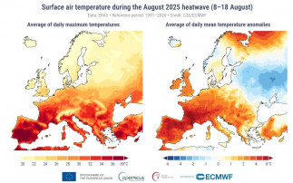 (Izquierda) Temperatura Máxima Diaria Promedio Del Aire En La Superficie Durante Los 11 Días Del 8 Al 18 De Agosto De 2025. (Derecha) Anomalías De La Temperatura Media Diaria Promedio Del Aire En L