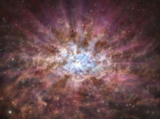 Impresión artística de un cuásar envuelto en polvo en el Universo primitivo.