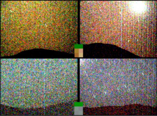 Cuatro imágenes de Perseverance. Las de la izquierda muestran las dos detecciones de aurora, el 18 de marzo y el 18 de mayo de 2024. A la derecha, se muestran las imágenes sin detecciones con una il