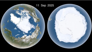 Imágenes diarias de la capa de hielo en el Océano Ártico (izquierda) y alrededor de la Antártida revelan la formación y el derretimiento del hielo marino en los polos a lo largo de dos años (del