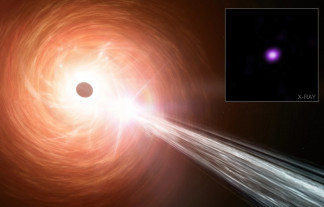 Concepto artístico de un agujero negro supermasivo, un disco circundante de material que cae hacia el agujero negro y un chorro que contiene partículas que se alejan a una velocidad cercana a la de 