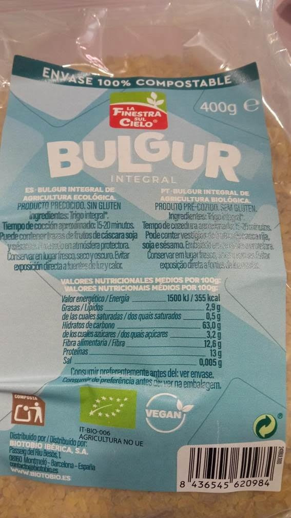 Consumo alerta por presencia de gluten sin etiquetar en bulgur integral ecológico de la marca La Finestra Sul Cielo