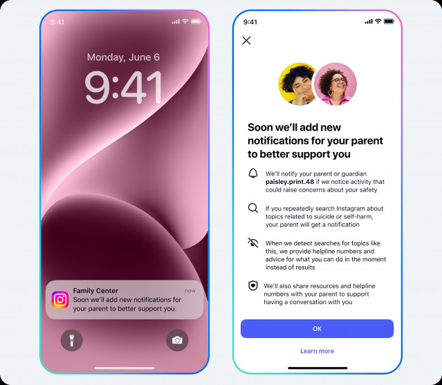 Notificaciones sobre búsquedas de menores relacionadas con el suicidio o la autolesión en Instagram.