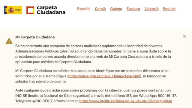 Advertencia en la web de 'Mi Carpeta Ciudadana'.