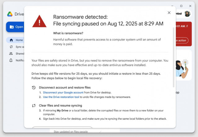 Alerta para el usuario final en Drive para escritorio cuando se detecta 'ransomware'.