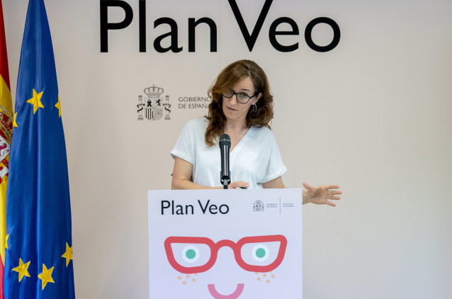Imagen de la ministra de Sanidad, Mónica García, durante la presentación del balance del Plan VEO.