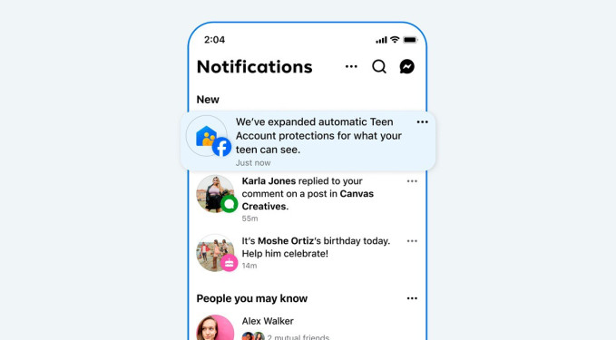 Imagen de la notificación de cuentas de adolescentes de Facebook