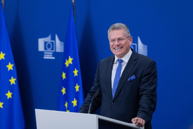 El negociador comercial de la Unión Europea, el comisario Maros Sefcovic, en una ruead de prensa en Bruselas.
