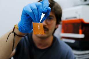 El investigador Yigit Sozen sostiene un chip en un trozo de piel.