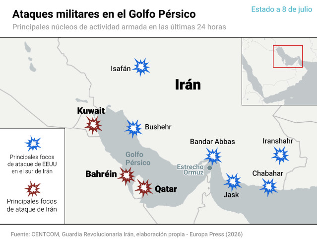 Mapa con estado de la guerra en Irán a 8 de julio de 2026