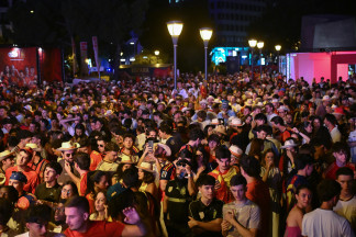 Aficionados de la Selección Española durante la celebración del partido entre España y Bélgica del Mundial de fútbol 2026, a 10 de julio de 2026, en Madrid (España). España y Bélgica se enfre