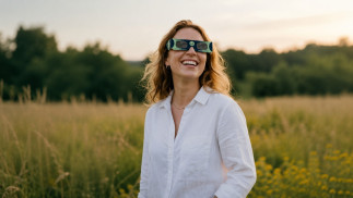 Mujer con gafas de eclipse.