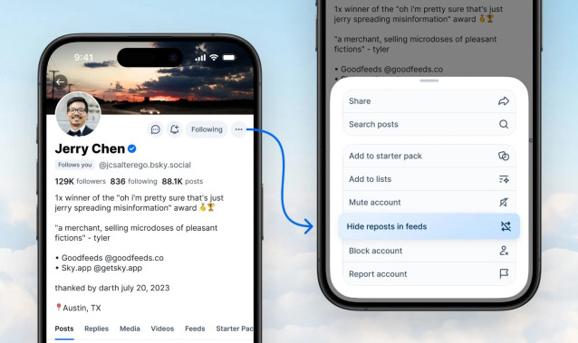 Nueva función para ocultar las republicaciones en Bluesky.