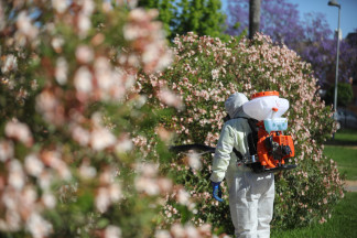 Archivo - Un operario  inician  las labores de fumigación y el tratamiento de imbornales contra el mosquito para prevenir el Virus del Nilo a 11 de mayo del 2021. En el Parque Municipal Adolfo Cantal